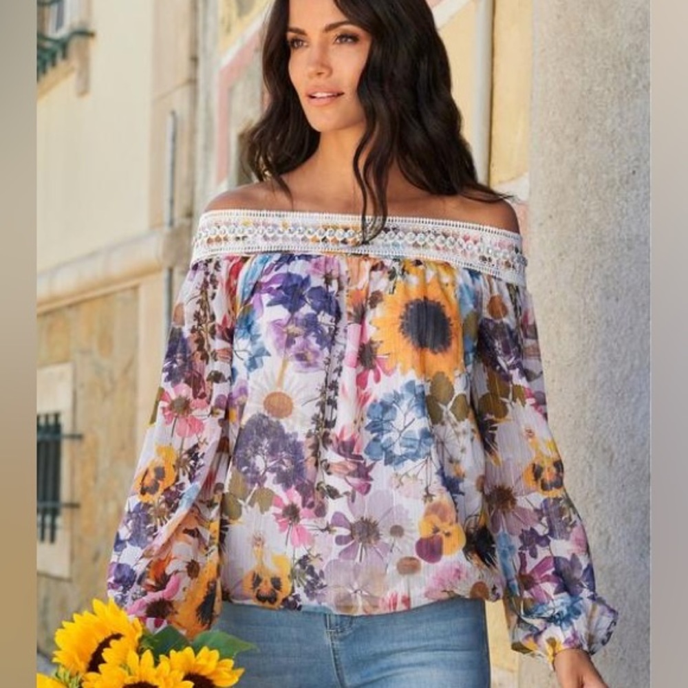 New, Boston Proper, Jewel-Embellished Floral Print Off The Shoulder Blouse,L/XL